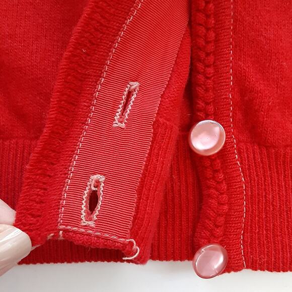 Vintage 1950s Cardigan Sweater Wool Blend Cherry Red Pearl Button Rockabilly - Picture 9 of 15